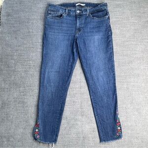 Levi's 711 Skinny Womens 30 Blue Embroidered Floral Raw Hem Denim Capri Jeans